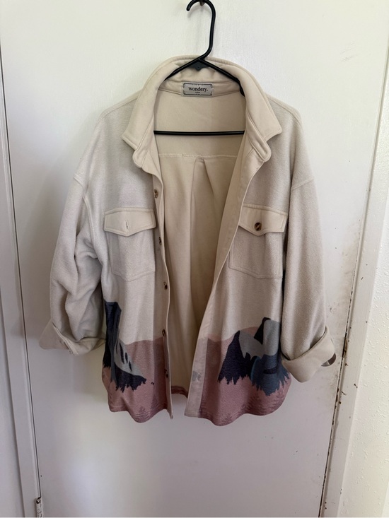 Wondery Outdoors Jackets & Blazers - Wondery Cream Overshirt Shacket with Pink and Blue Scenic Hem